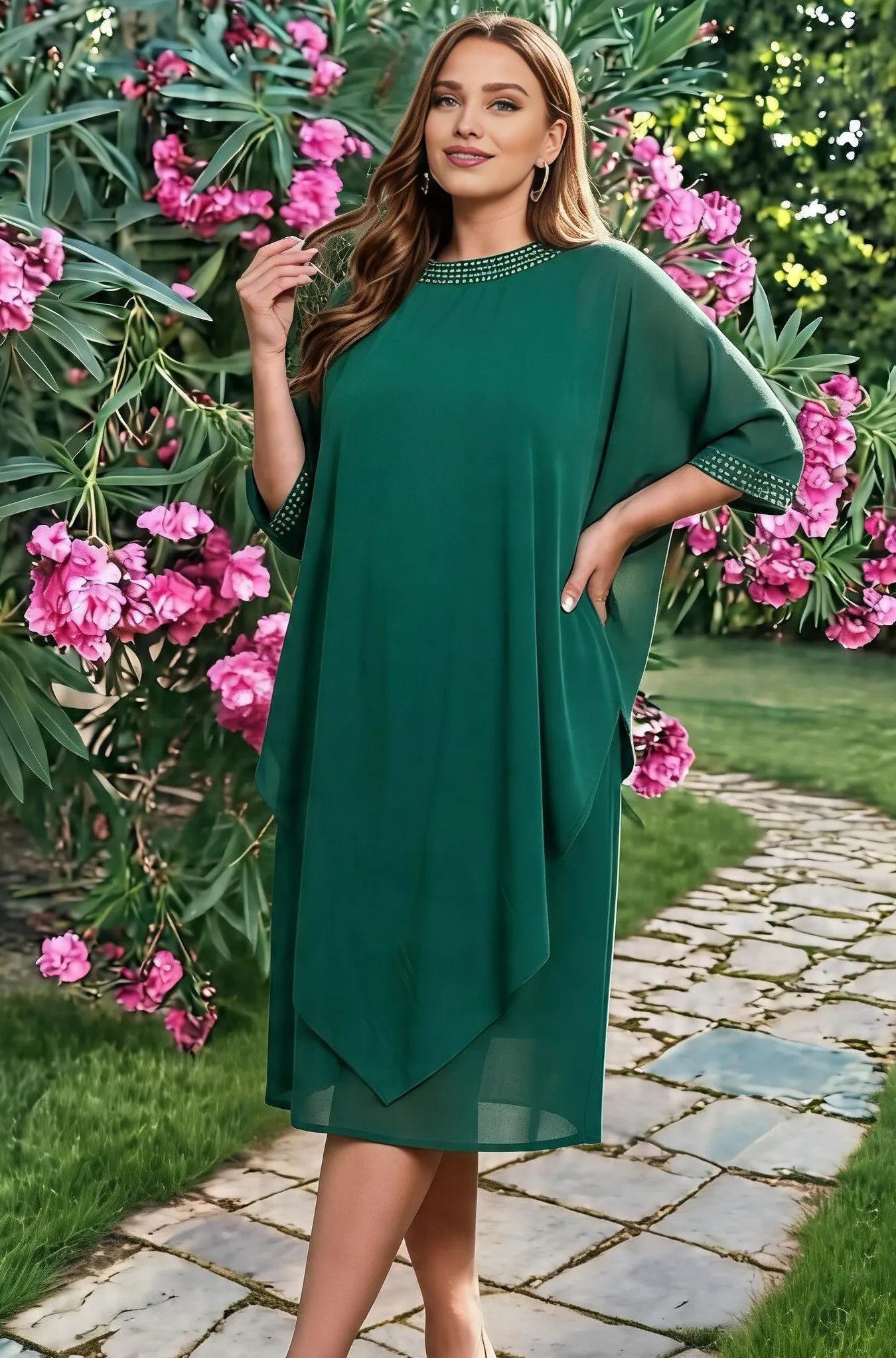 Rochie marime mare midi verde din voal vaporoasa Marya